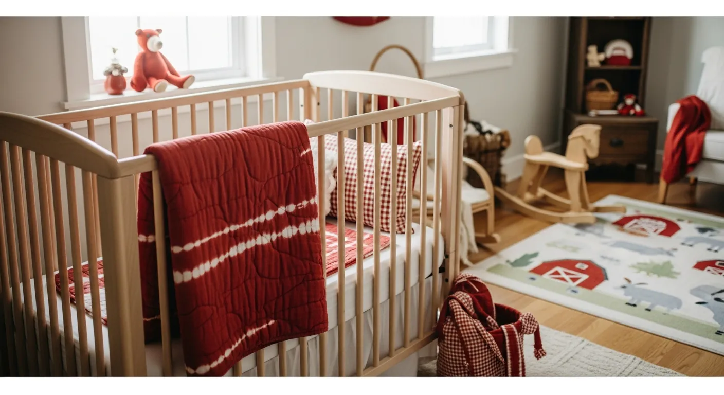 Cozy farmhouse kids room with vintage wooden furniture, plaid red accents, and rustic charm
