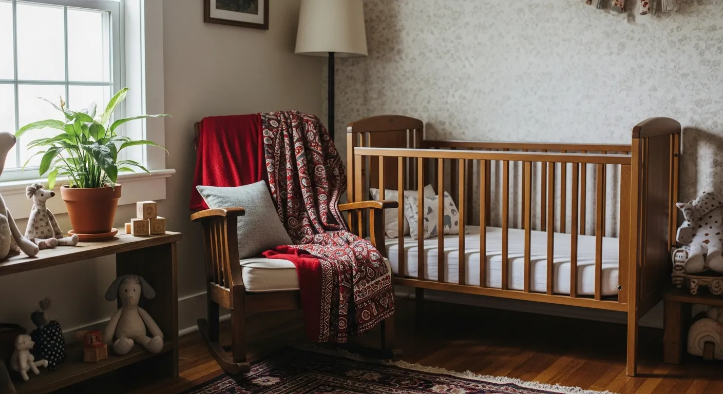 Barn red accents in a rustic farmhouse kids room with natural wood finishes