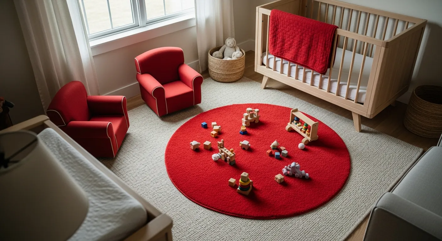 Rustic wood crib accented by classic red touches in a cozy farmhouse nursery design