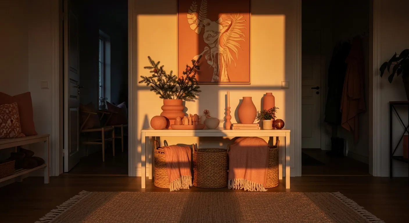 Soft peach entryway with minimalist Scandi decor and warm winter light
