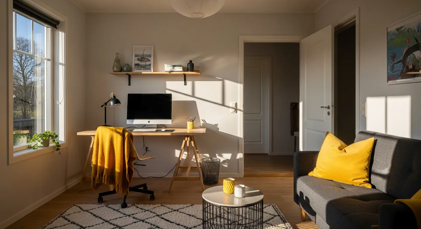 Sunny yellow decor accents on a clean-lined Scandinavian desk setup
