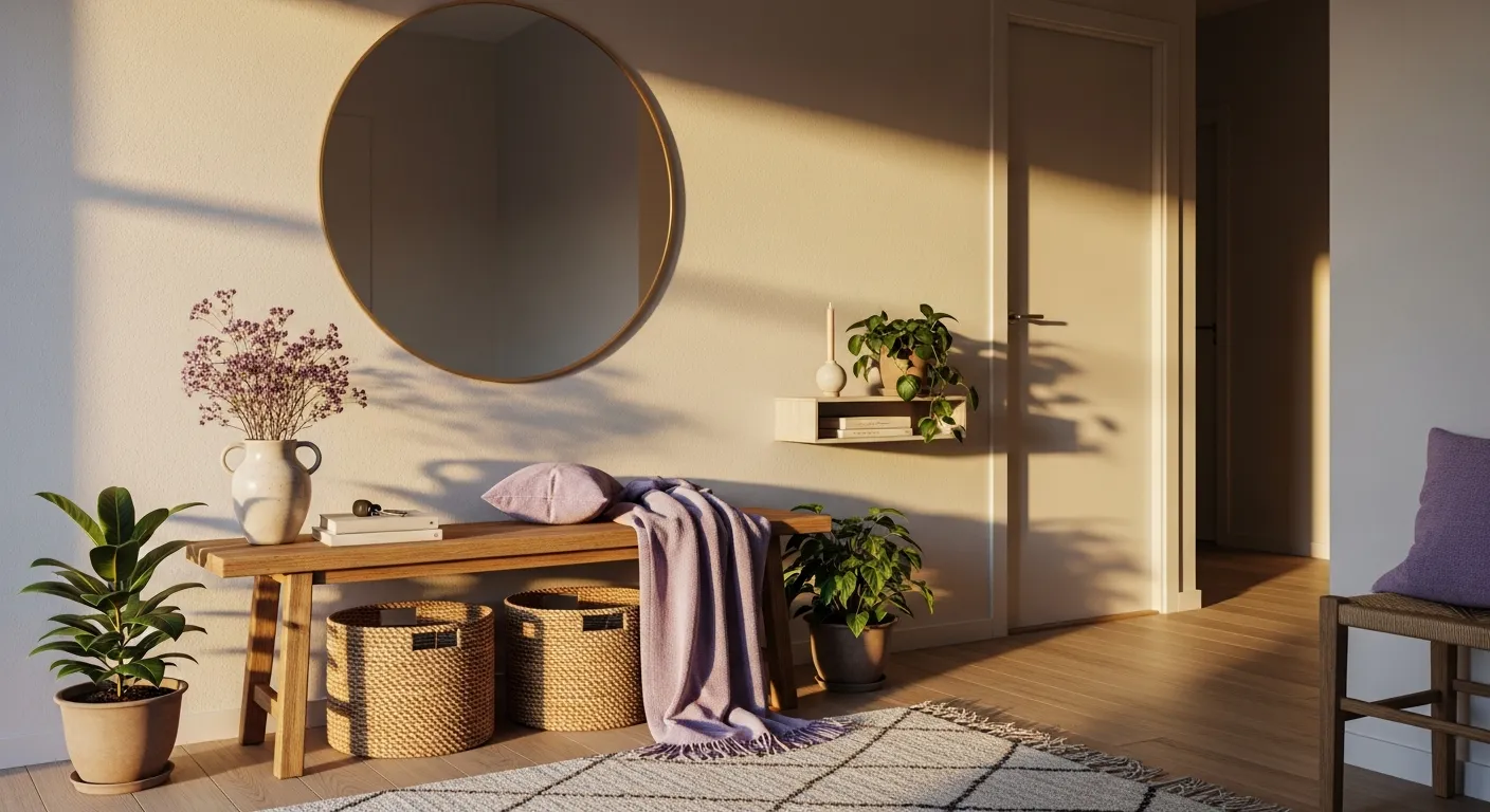 Styling tips for a welcoming Scandinavian entryway with clean lines and soft lavender paint