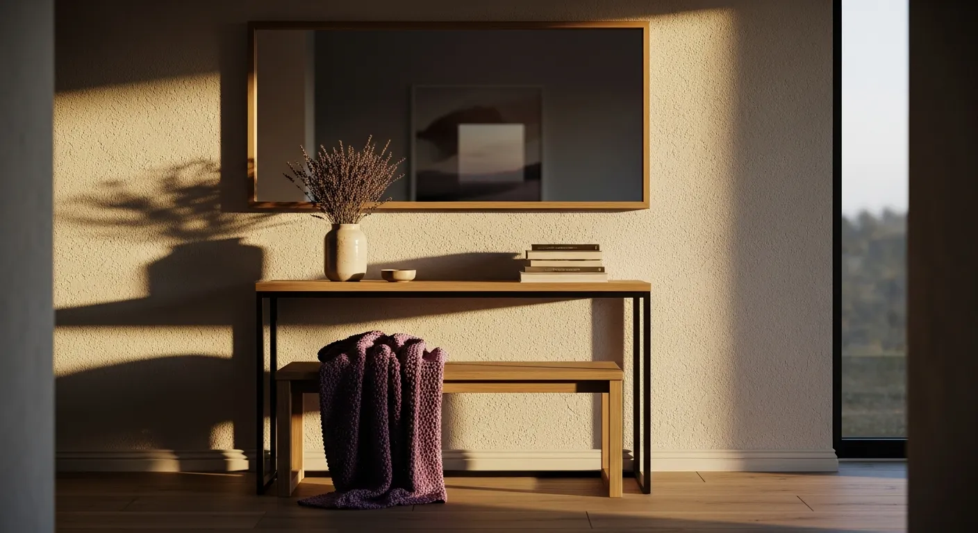 Budget friendly Scandi entryway ideas showcasing cozy textures, oak wood, and soft lavender accents