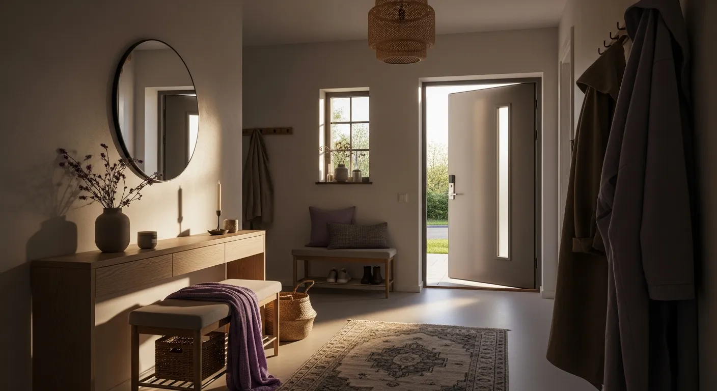 Peaceful everyday entryway featuring a light blonde wood bench and minimalist Scandinavian decor