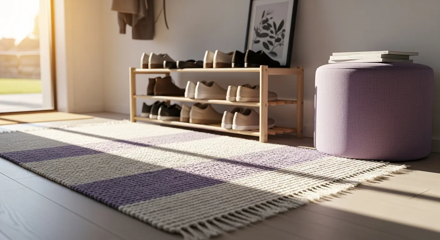 Minimalist Scandinavian entryway decor with bright lighting and soothing lavender tones
