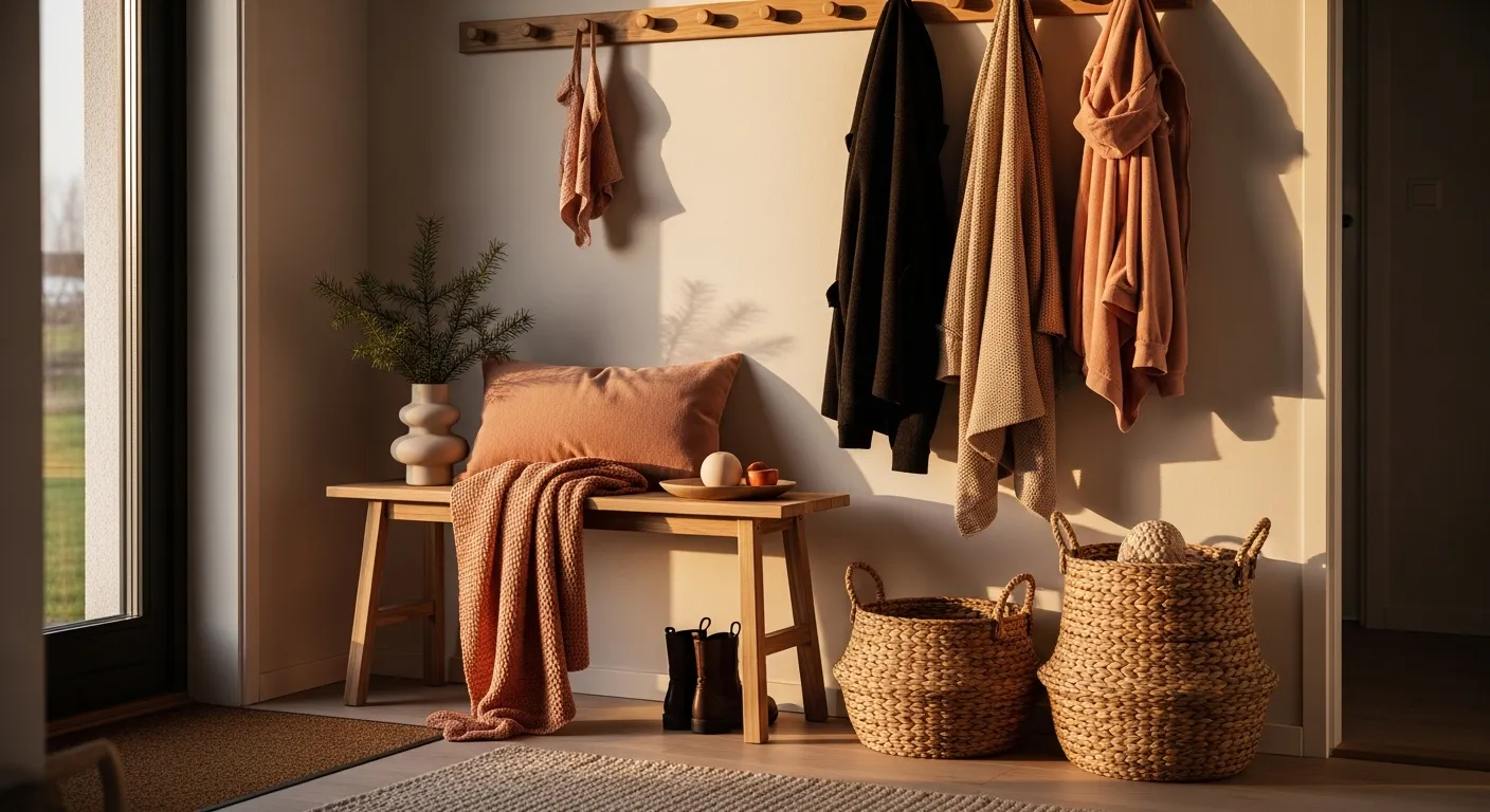 Bright minimalist entryway with peach accents and cozy winter styling