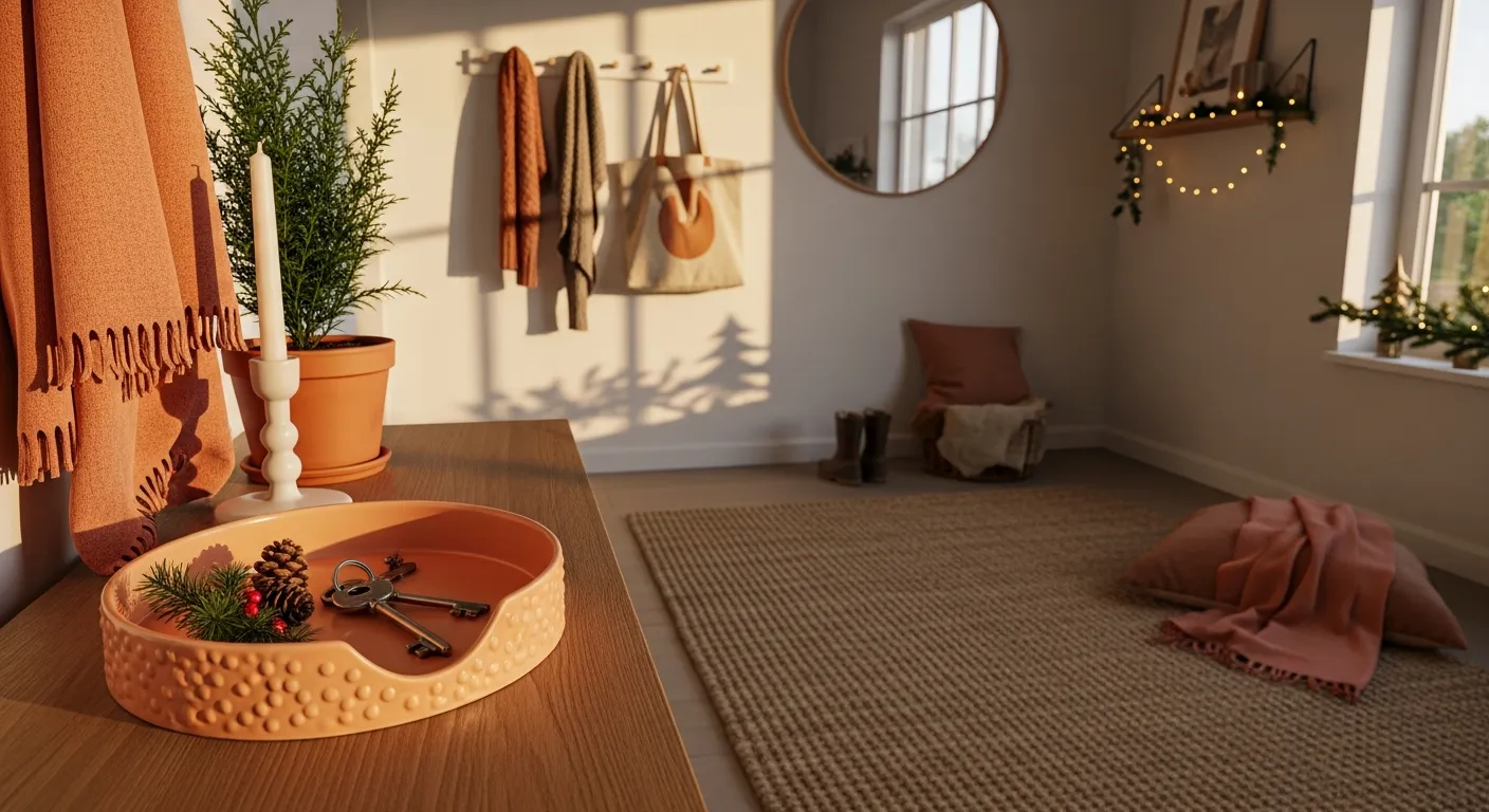 Blonde wood console table creating a welcoming first impression in a peach entryway
