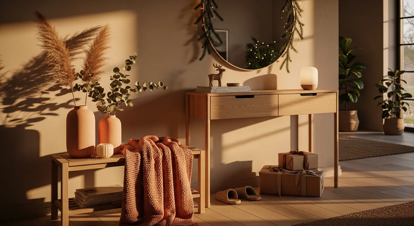 Natural wood console table decorated for winter against a light peach wall