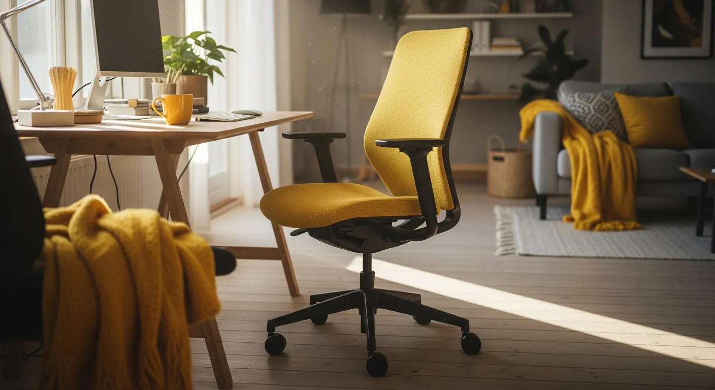 Warm mustard yellow accent chair in a light wood Scandinavian workspace