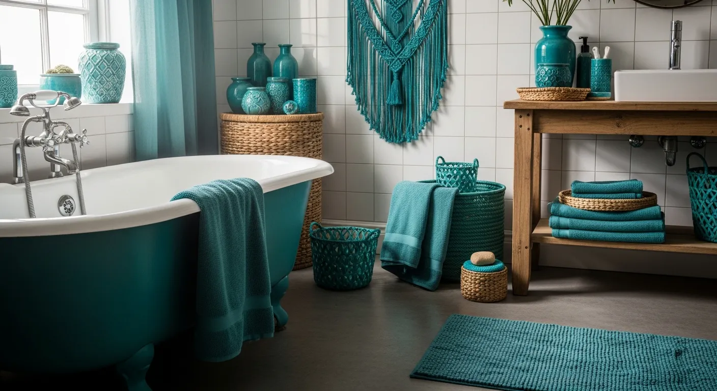 Teal bohemian bathroom color palette featuring earthy woven textures and off-white accents