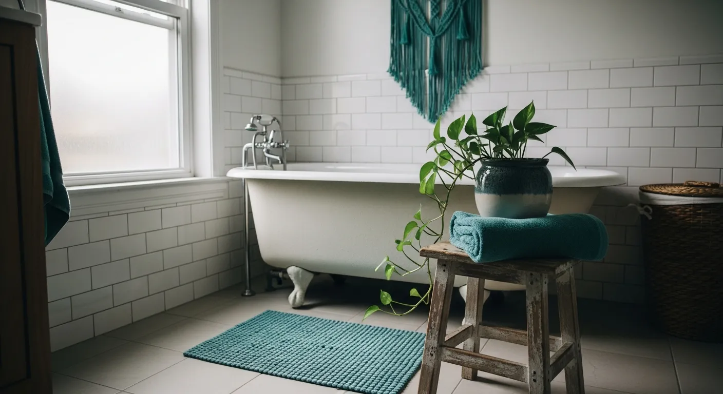 Relaxing bohemian sanctuary bathroom featuring rich teal walls and eclectic vintage decor