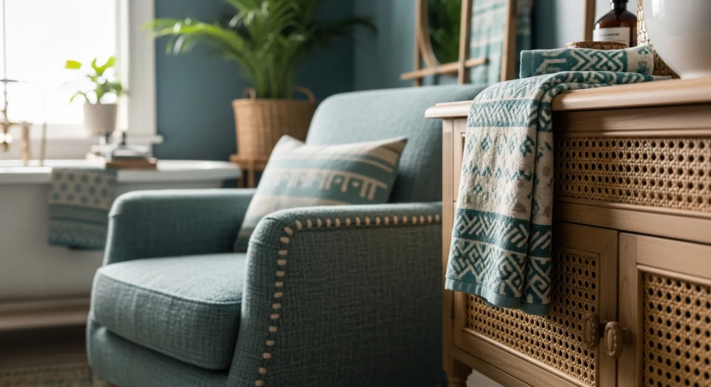 Bohemian bathroom showcasing vibrant teal walls with natural wood vanity and woven textures