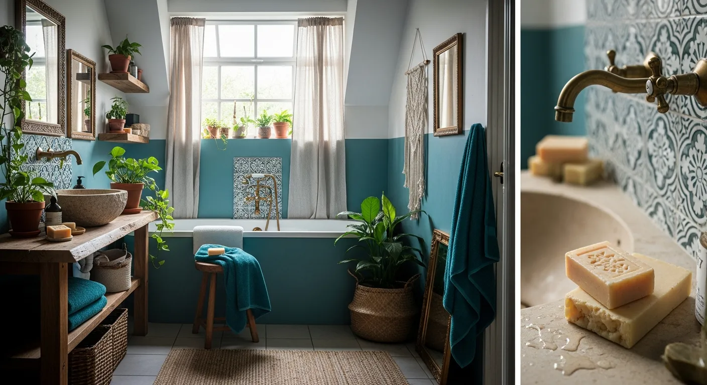 Teal boho bath featuring lush trailing greenery, woven baskets, and vintage brass fixtures