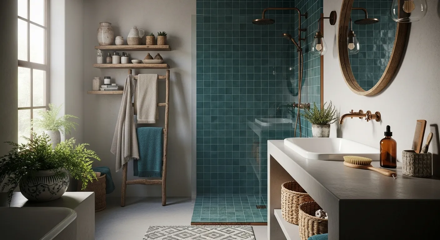 Eclectic bohemian bathroom design with dark teal walls, vintage rugs, and rattan accents