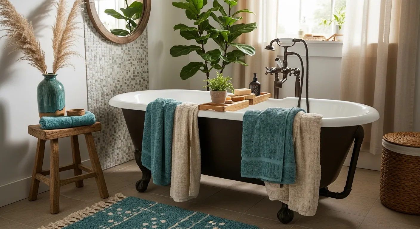 Dreamy bohemian bathroom interior styling with dark teal walls and earthy wood textures