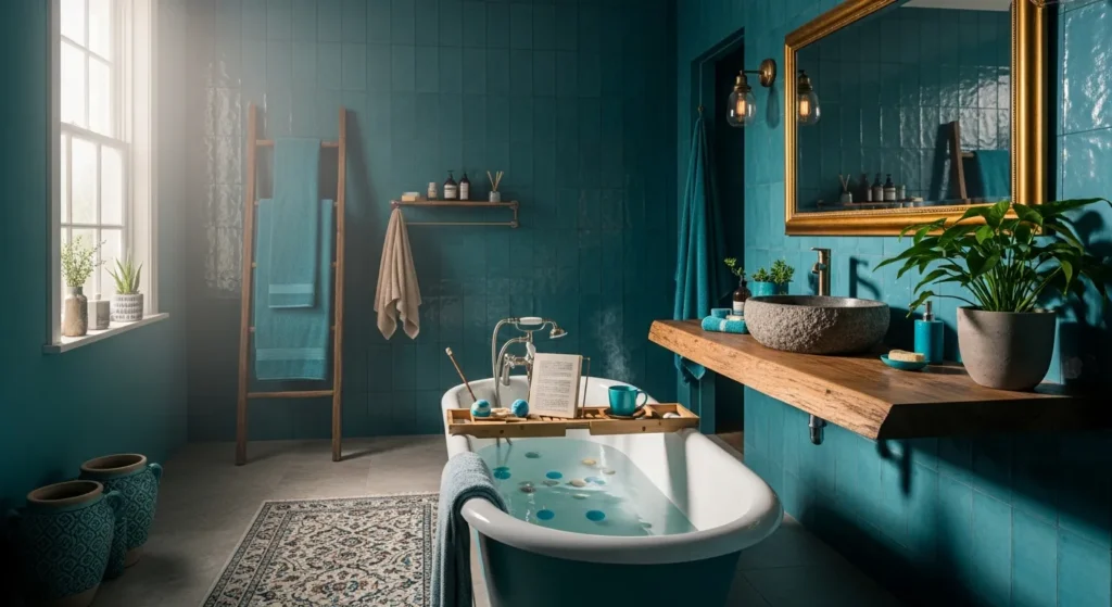 Bohemian style bathroom featuring rich teal walls, vintage rugs, and lush hanging plants.