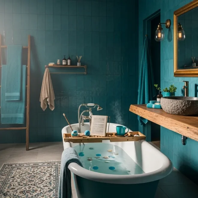 Bohemian style bathroom featuring rich teal walls, vintage rugs, and lush hanging plants.
