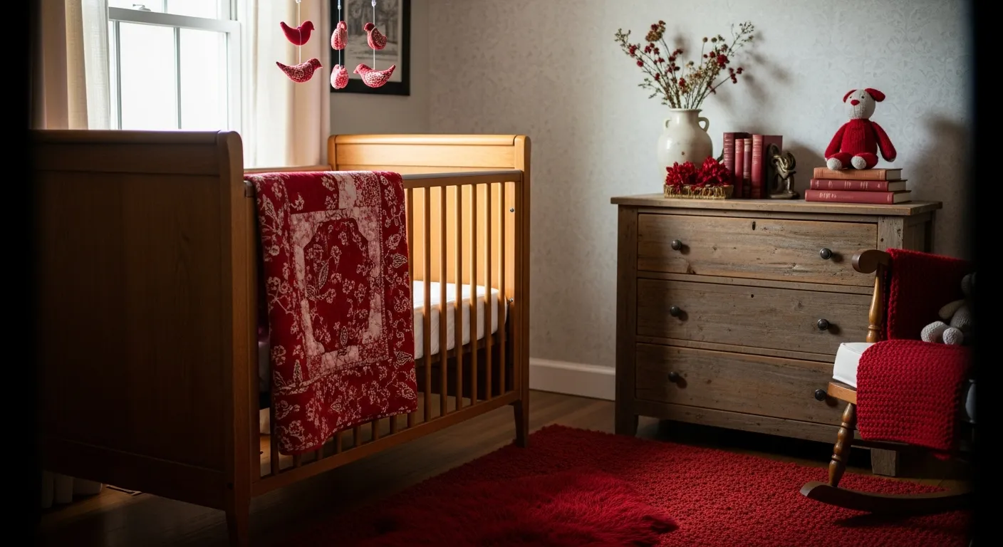 Weathered wood crib with vintage red farmhouse nursery decor and cozy layered textiles