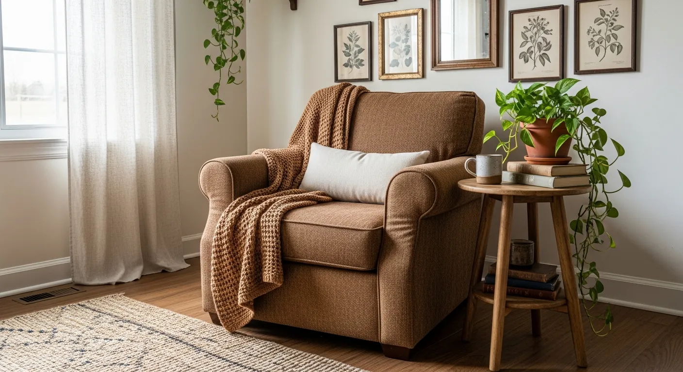 Brown leather sofa in a welcoming rustic living room gathering space.