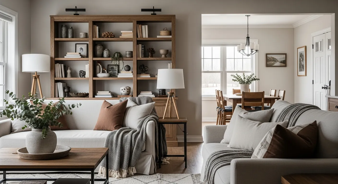 Rich brown accents and rustic wooden textures in a cozy living area.