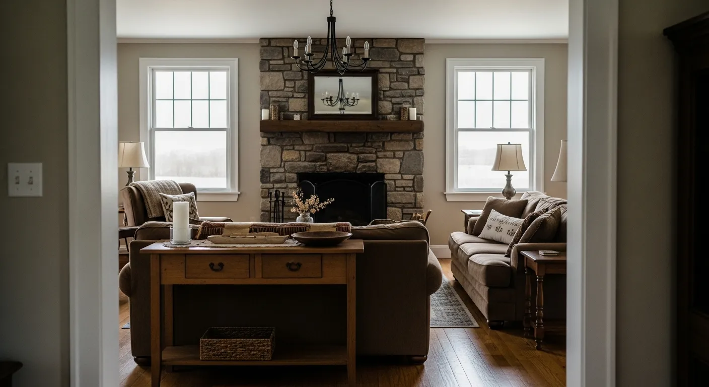 Weathered wood details and warm earthy tones in a rustic retreat.