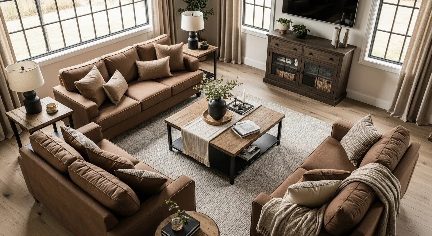 Earthy tones and rustic wooden furniture in a cozy everyday space.