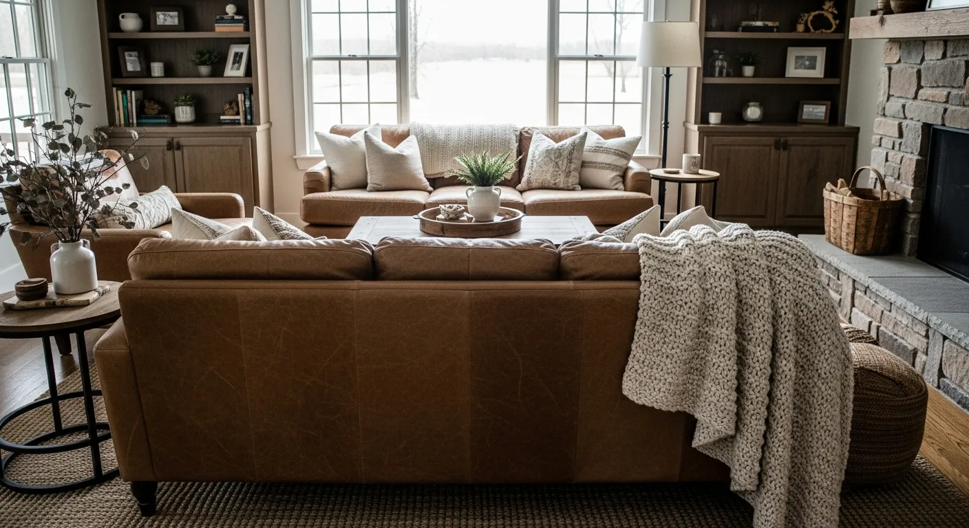 Soft neutral textiles and rustic wood decor in a warm brown room.