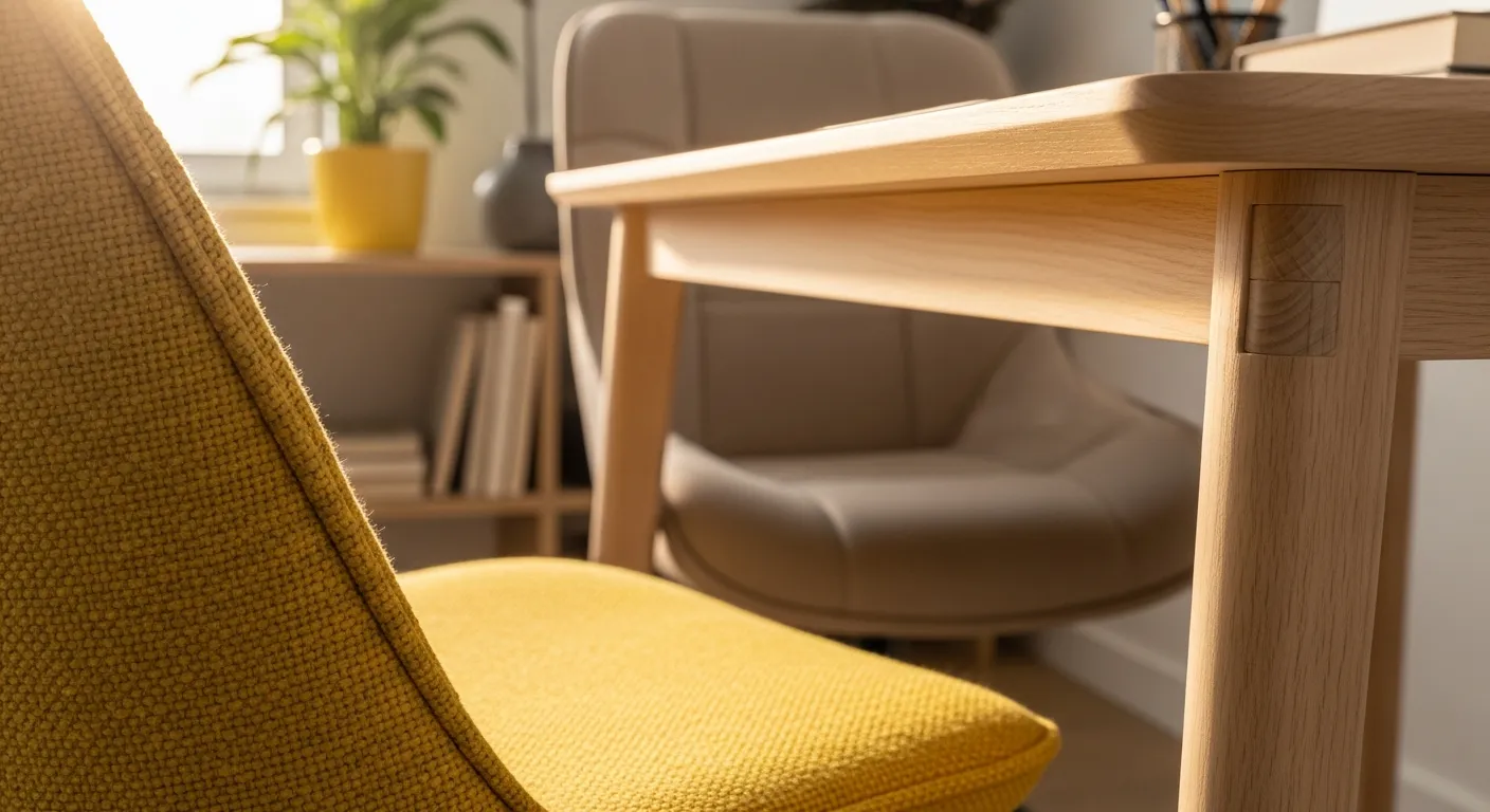 Minimalist wood desk and ergonomic chair in a yellow Scandi style workspace