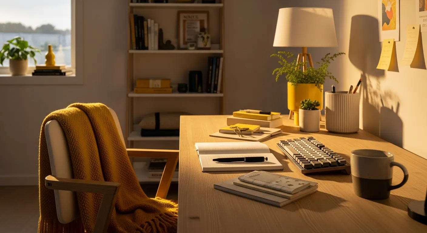 Sleek wooden desk with minimalist decor and bright yellow wall paint