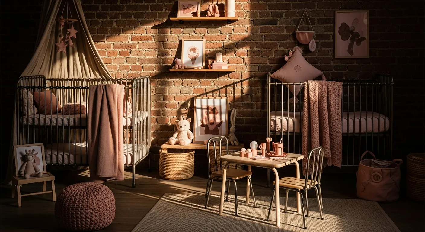 Blush pink industrial nursery color palette featuring exposed brick, a dark metal crib, and layered soft textiles.