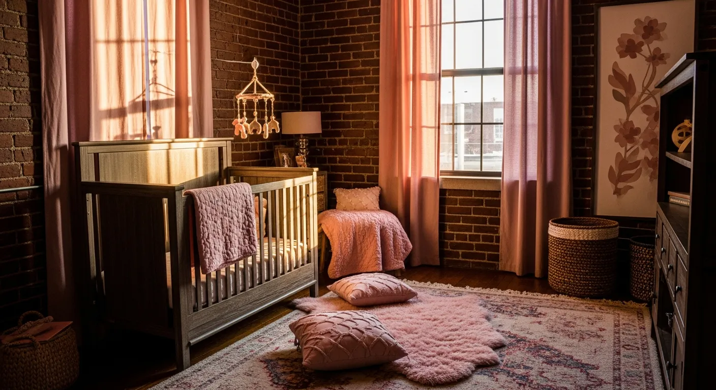 Matte black metal crib against a soft blush wall in a modern industrial nursery setup.