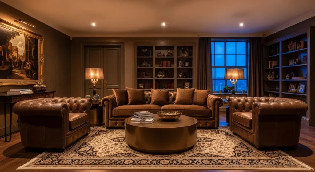 Classic luxury living room featuring elegant bronze accents, warm lighting, and plush seating.