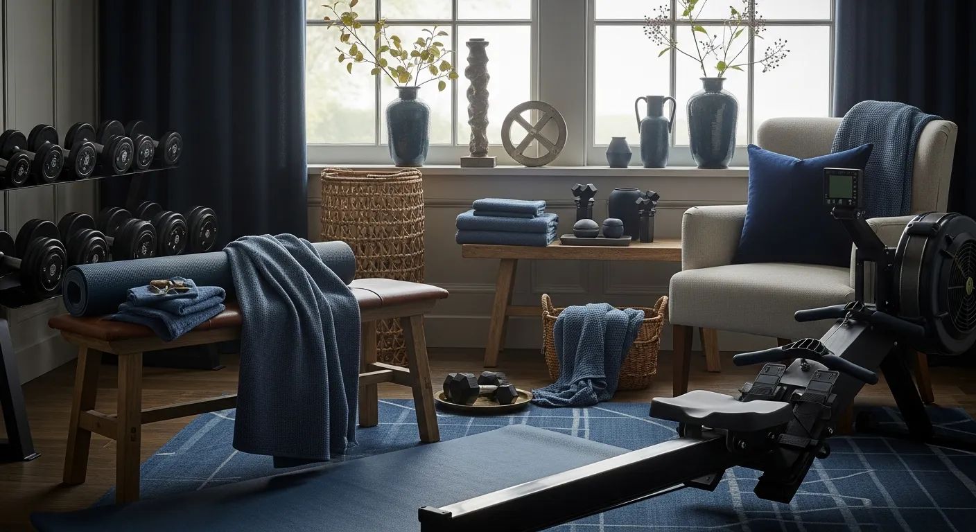 Deep indigo paneled walls with gold accents and high-end exercise gear