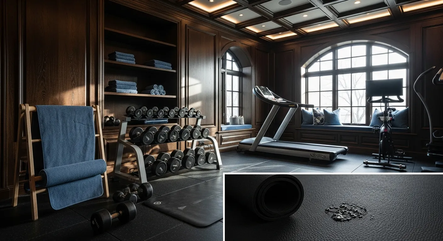 Sophisticated workout space featuring indigo paint and premium weights