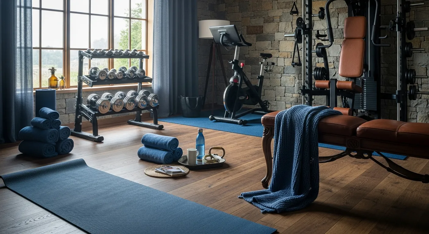 Motivating fitness room with classic luxury details and gold accents against indigo walls
