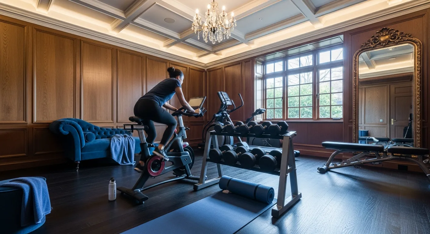 Classic paneled wainscoting and refined lighting in a dark indigo luxury home gym