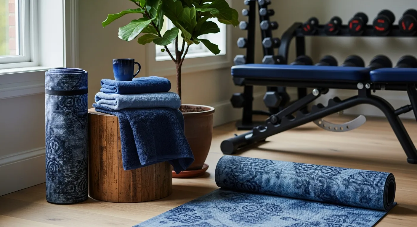 Refined architectural details and sophisticated lighting in an indigo home gym