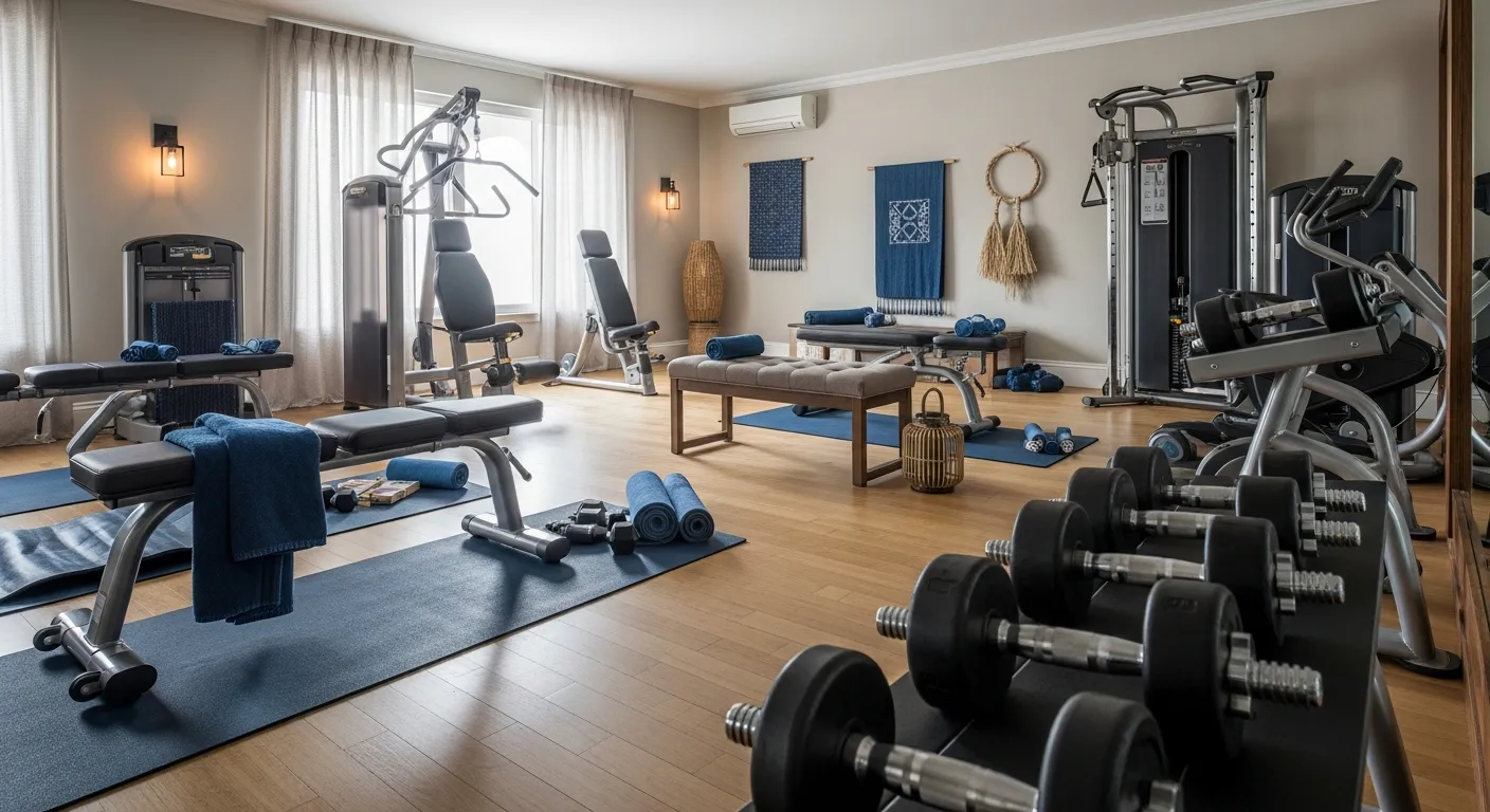 Elegant workout sanctuary with rich blue-indigo tones and classic decor