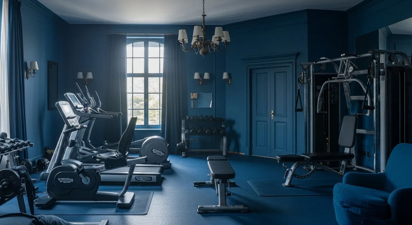 Indigo walls with wainscoting and brass accents in a classic luxury home gym