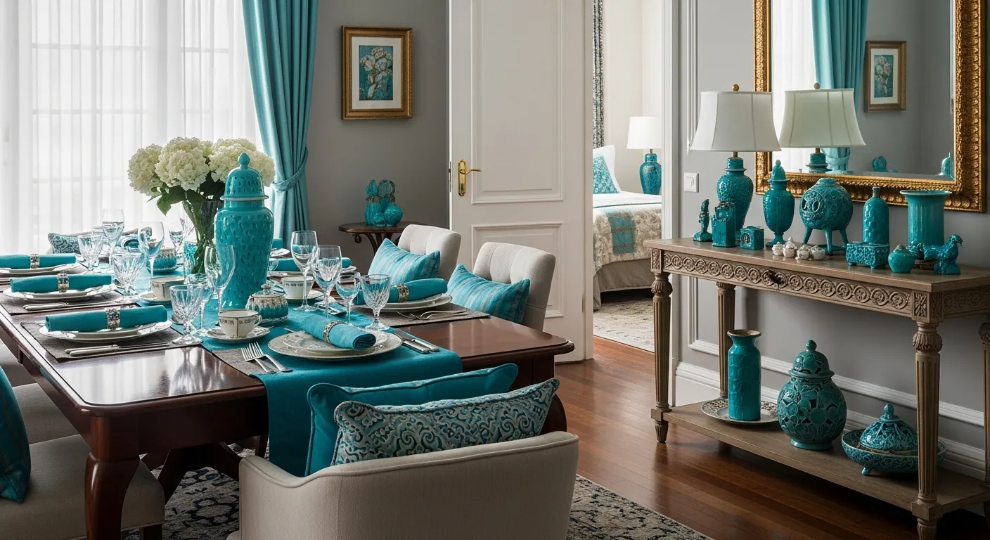 Rich turquoise seating bringing fresh elegant color palettes to a classic dining room.