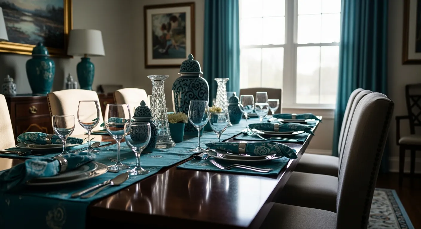 Recreating a classic luxury aesthetic with deep turquoise walls and an ornate chandelier.