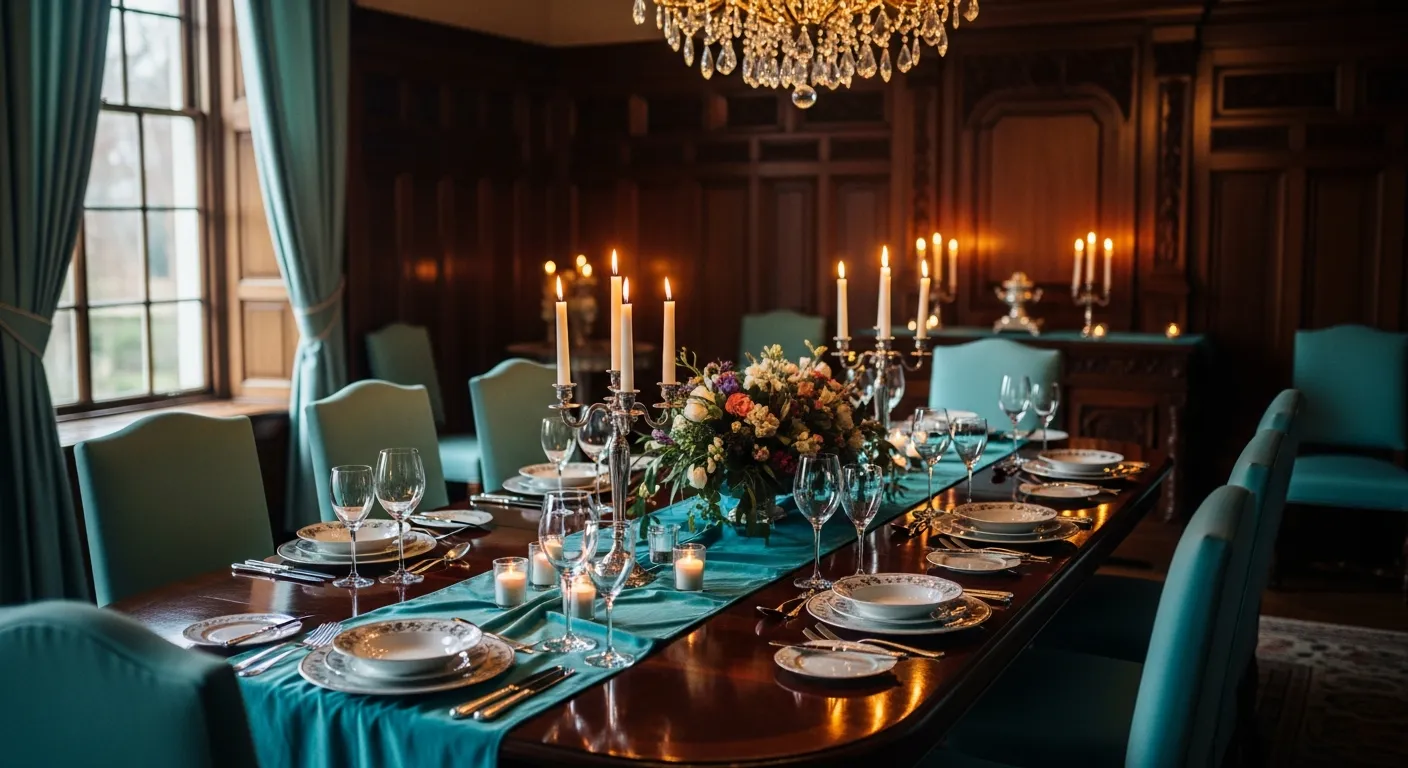 Regal dining atmosphere created by turquoise wall paneling and gold-trimmed upholstered chairs.