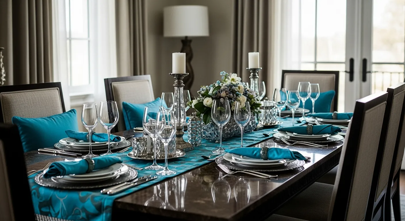 Vibrant turquoise walls elevating a traditional dining space into a luxurious sanctuary.