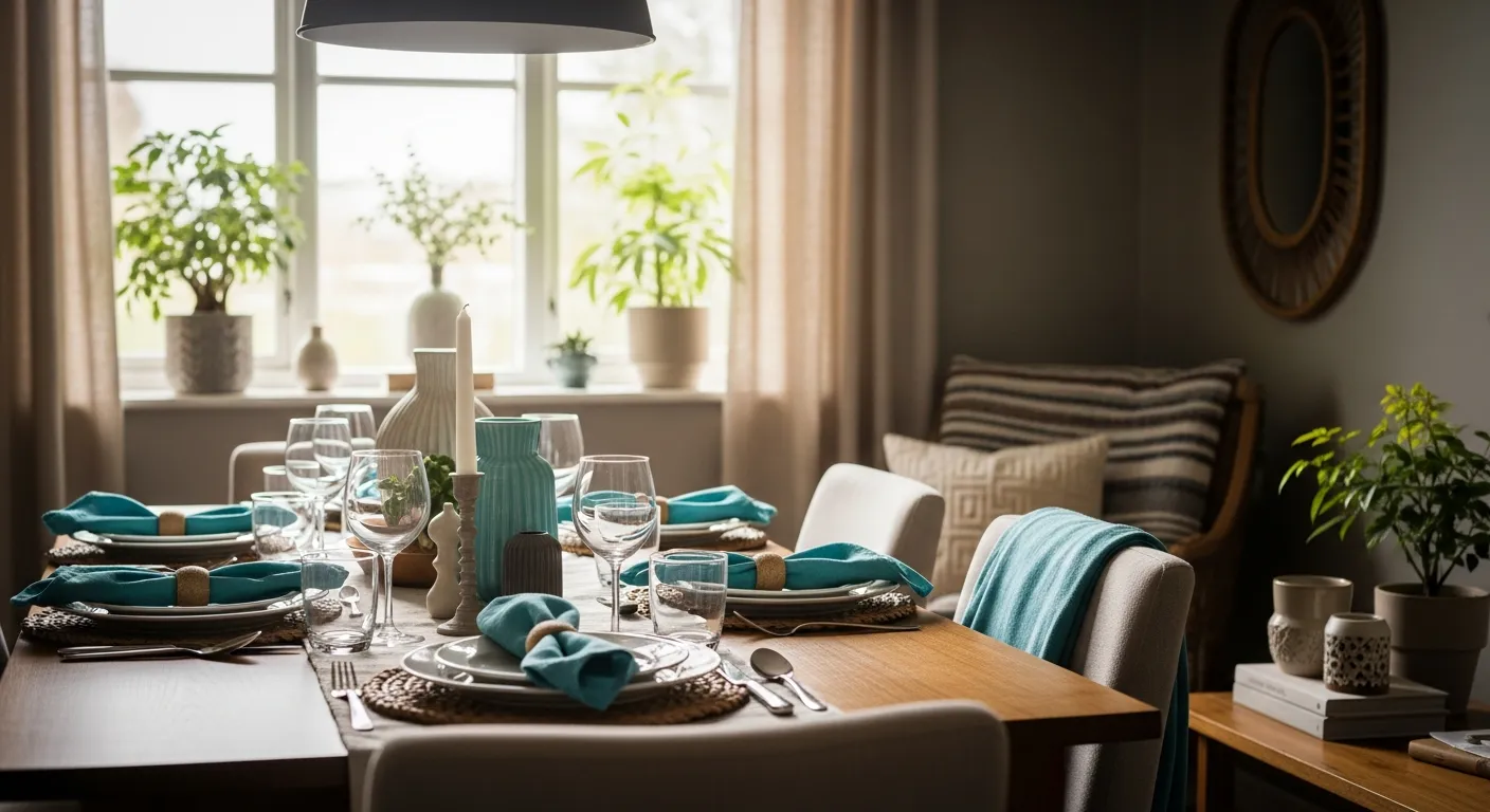 Styling a classic luxury space with elegant turquoise walls and velvet dining chairs.
