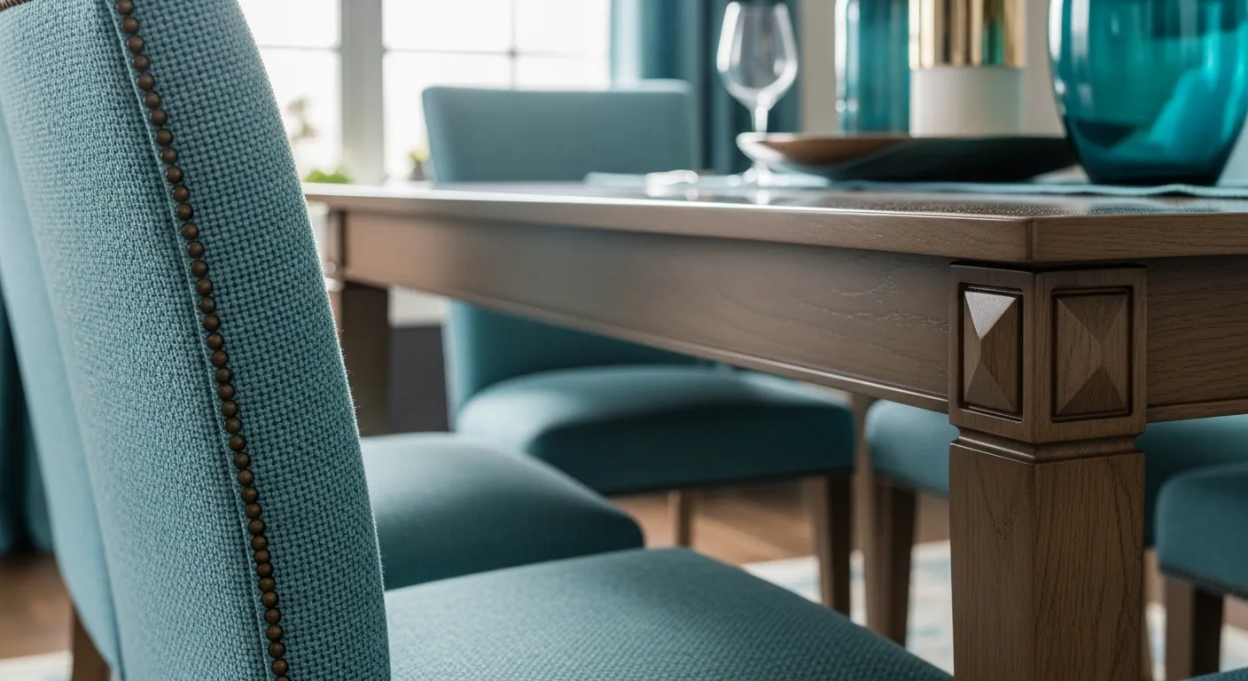 Essential dining room furniture with classic luxury turquoise accents and warm lighting.