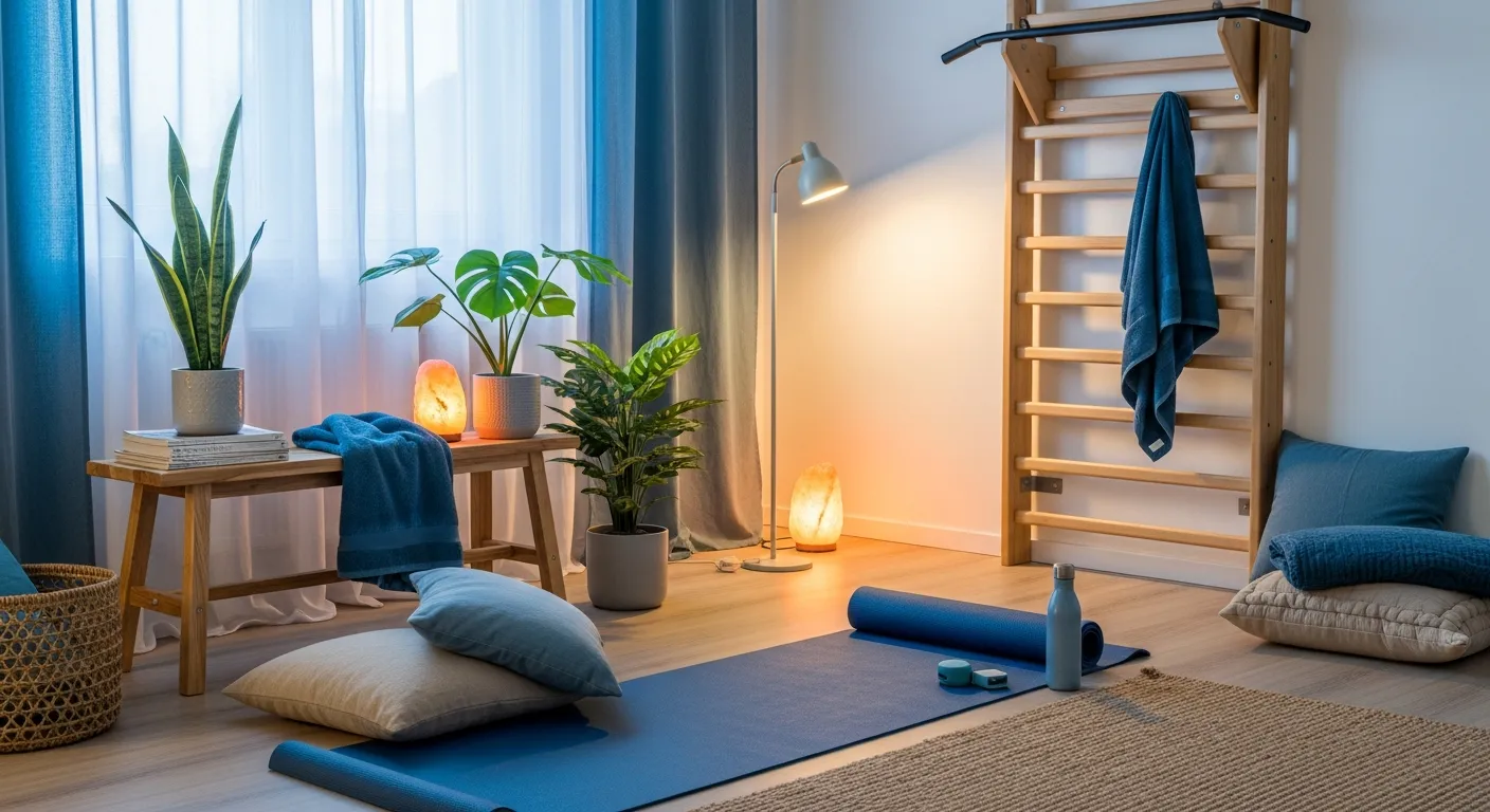 Styling and budget tips for a dusty blue Scandinavian home gym with light wood accents.