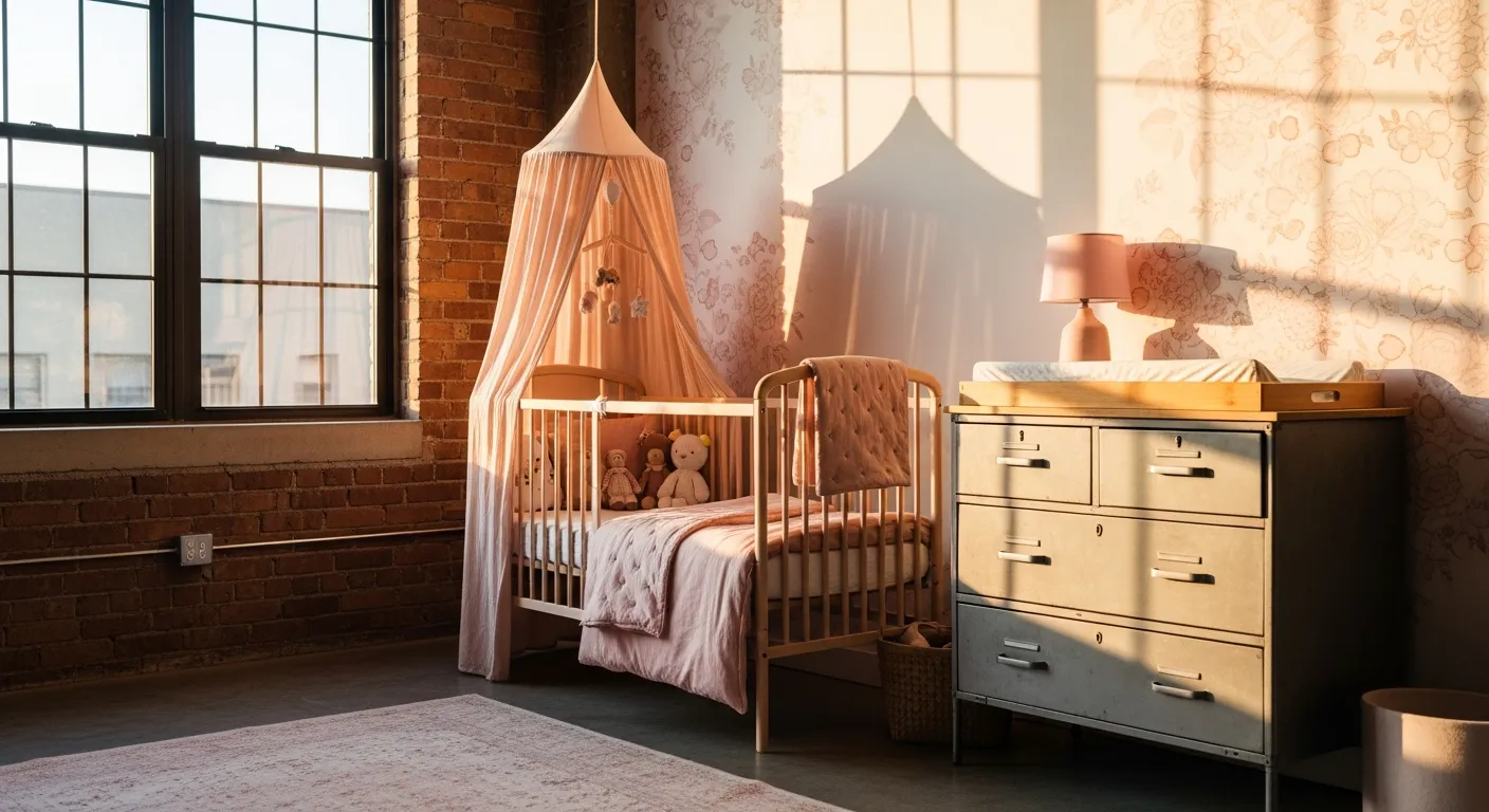 Blush pink industrial nursery room with a black metal crib and raw exposed brick accents.