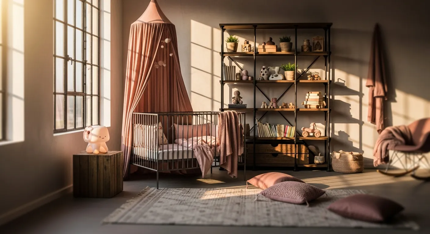 Soft blush pink nursery room featuring edgy industrial metal accents and layered cozy textiles.