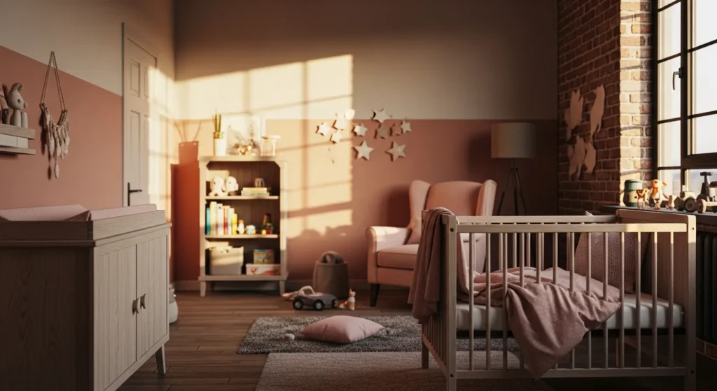 Blush pink textiles and a metal crib in an industrial style kids nursery.