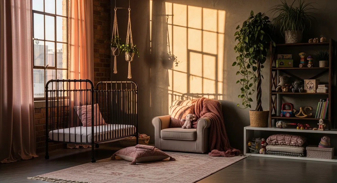 Styling tips for balancing a dark metal crib against soft blush pink walls in an industrial kids space.